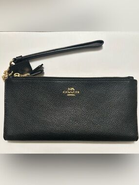Coach Black Pebbled Leather Double Zip Wallet Wristlet with Gold Logo
